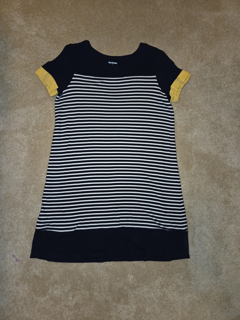 Kim Rogers Navy and White Striped Dress with Yellow Sleeve Trim